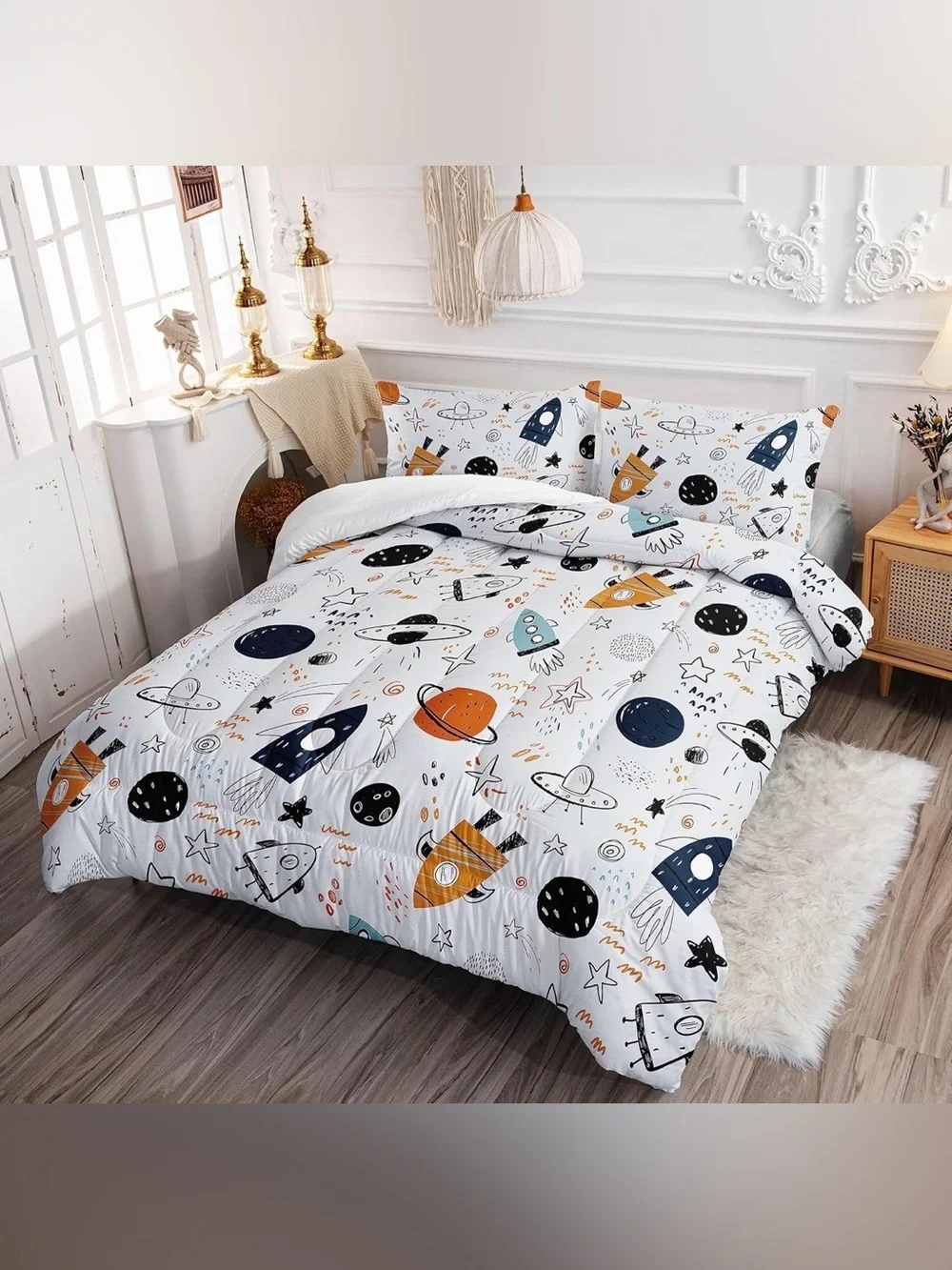 Space Universe Rocket Comforter Set for Kids 1 Comforter & 2 Pillowcases(Queen)